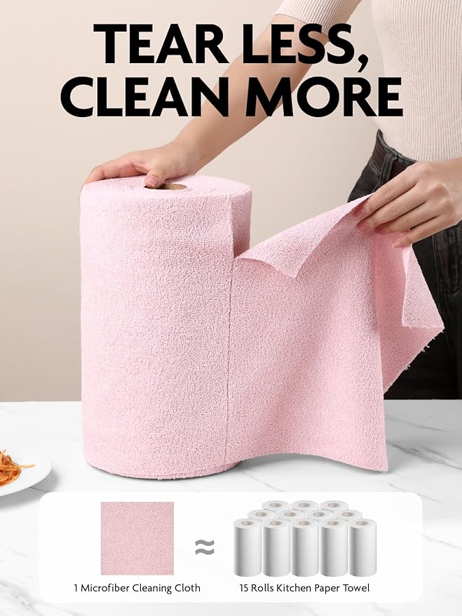 Fantasticlean Microfiber Cleaning Cloth Roll -150 Pack Tear Away Microfiber Towels 12 x 12 Reusable Washable Ultra Absorbent Dishcloth for All-Around Cleaning Supplies (Pink &amp Lavender)