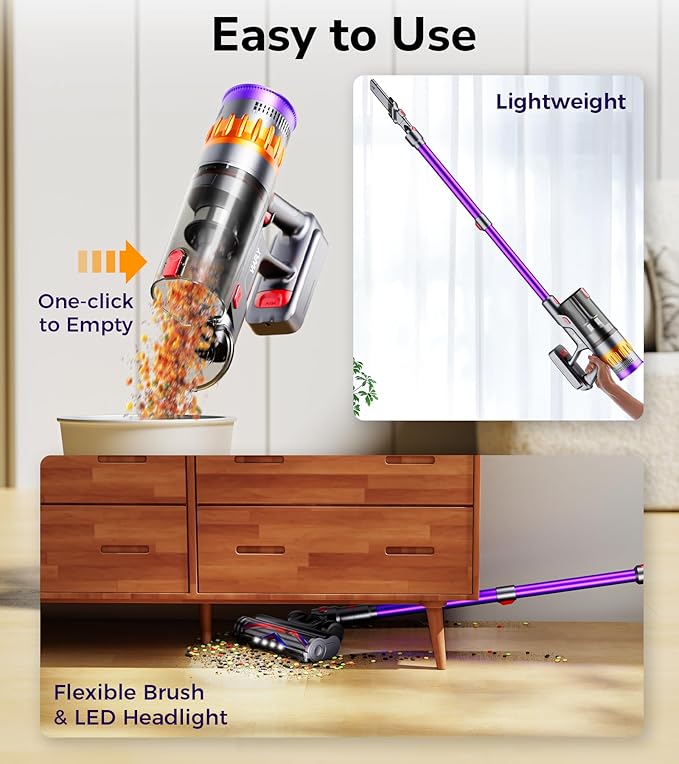 Cordless Vacuum Cleaner 600W 50Kpa 70 Mins Vacuum Cleaners for Home Self-Standing Stick Vacuum with Touch Screen Wall Dock Anti-Tangle Rechargeable Vacuum for Pet Hair Carpet Hardwood Floor