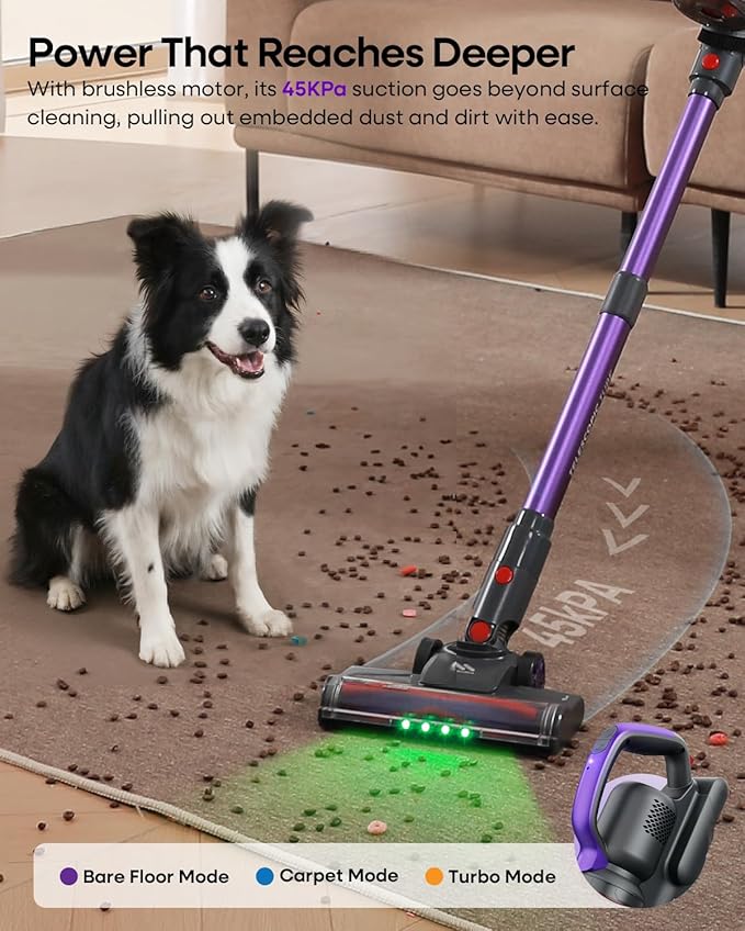 AlloyMove Cordless Vacuum Cleaner 45KPA Up to 60mins Runtime Lightweight Powerful Suction Vacuum Cleaners for Home 3 Suction Modes Rechargeable Stick Vacuum for All Floor/Carpet/Pet Hair/Car A03