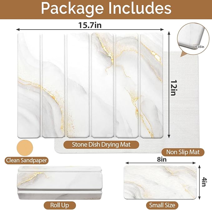 Small Stone Dish Drying Mat for Kitchen Counter 15.7×12 &amp 8x4 Quick Dry Stone Mats Foldable Water Absorbing Diatomaceous Earth Drying Dish Pad for Countertop Bottles Utensils Cup(Gold White)