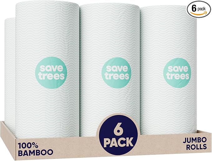Save Trees Bamboo Paper Towels 6pk - 750 Sheets Paper Towels Rolls Ultra Absorbent &amp Durable Eco-Friendly - FSC-Certified totally Plastic-Free and Vegan