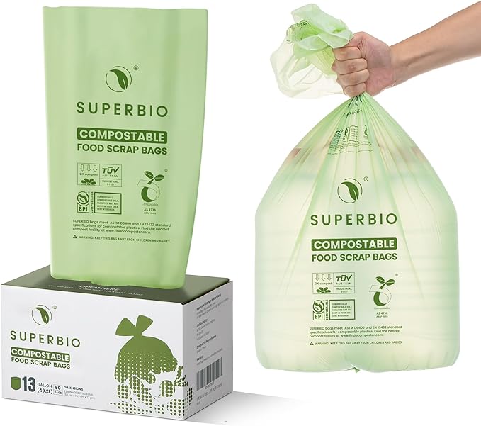 SUPERBIO 13 Gallon Compostable Kitchen Waste Bags 50 Count 1 Pack Flat top Food Scrap bags Certified by BPI and OK compost INDUSTRIAL 49.2L 0.87 Mil