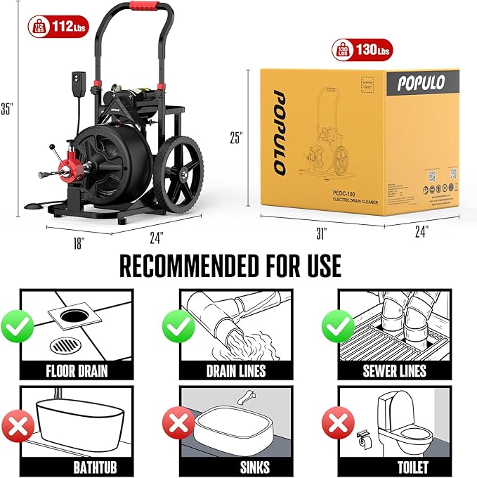 100 ft x 1/2 inch POPULO Auto Feed Electric Drain Snake Auger for 2 to 4 Inch Pipes Sewer Plumbing Snake Auger Heavy Duty Drain Cleaner Machine with 8 Cutters &amp 1 Root Killer &amp Gloves