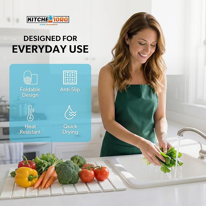 Stone Drying Mat for Kitchen Counter (White Large) - Super Absorbent 30sec Fast-Drying Diatomite Dish Mat Collapsible for Kitchen.