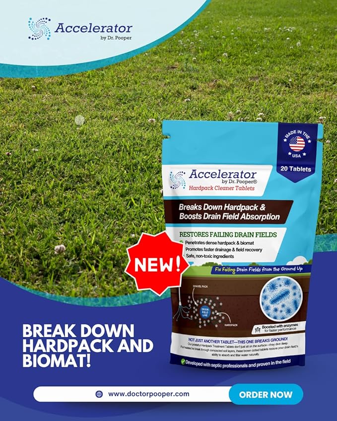 Accelerator by Dr. Pooper® – Hardpack Cleaner Tablets for Septic Systems | Breaks Down Hardpack &amp Boosts Drain Field Absorption | 20 Tablets - Use with our tool kit — available separately
