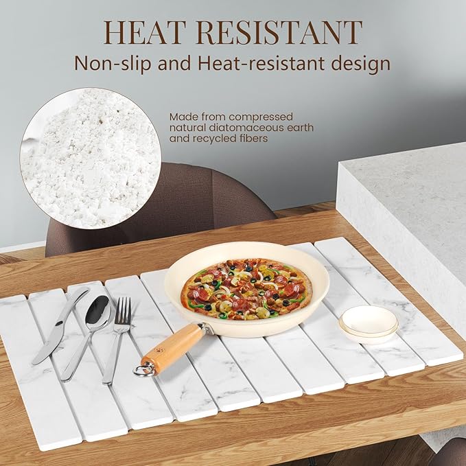 Large Stone Dish Drying Mats for Kitchen Counter 16(L)×12(W) Foldable Quick Dry Stone Dish Drying Mats Kitchen Absorbent Diatomaceous Earth Drying Stone Mat for Dishes Bottles Cups Marble White