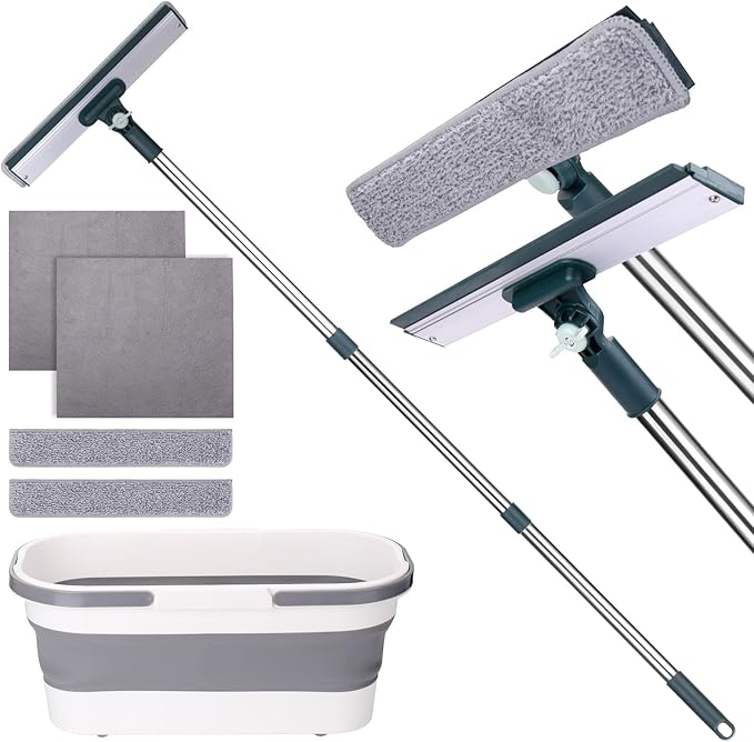 XANGNIER Window Cleaning Kit Tool with Storage BucketWindow Washing Kit with Extension PoleProfessional Windows Washer Cleaner Squeegee KitsCommercial&ampHousehold UseIndoor&ampOutdoor High Wind