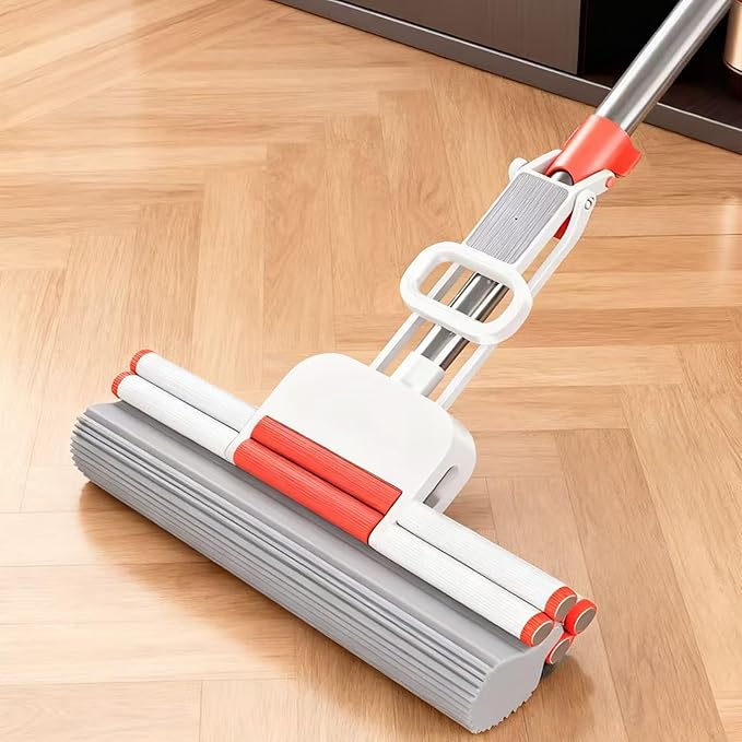 Household Telescopic Rod PVA Roller Mop One-Click Replacement 14.96Inch Sponge Head (Includes an Extra PVA Mop Head) Suitable for Tiles Floors Bathrooms and Home Use