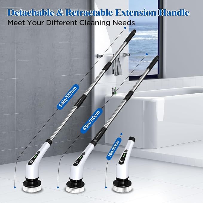 Electric Spin Scrubber Cordless Bath Tub Power Scrubber with 8 Replaceable Drill Brush Heads Shower Cleaning Brush with Adjustable Handle for Bathroom Tile Floor &amp Car White (ANS-8050)
