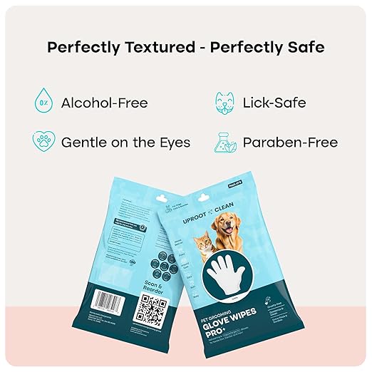 Uproot Cleaner Pro Pet Hair Remover + Clean Glove Wipes Pro (6 Pack) Set: The Ultimate Pet Hair Removal Tool for Non-Knit Surfaces &amp Extra-Thick Dog &amp Cat Wipes for Paws Eyes Ears Butt &amp
