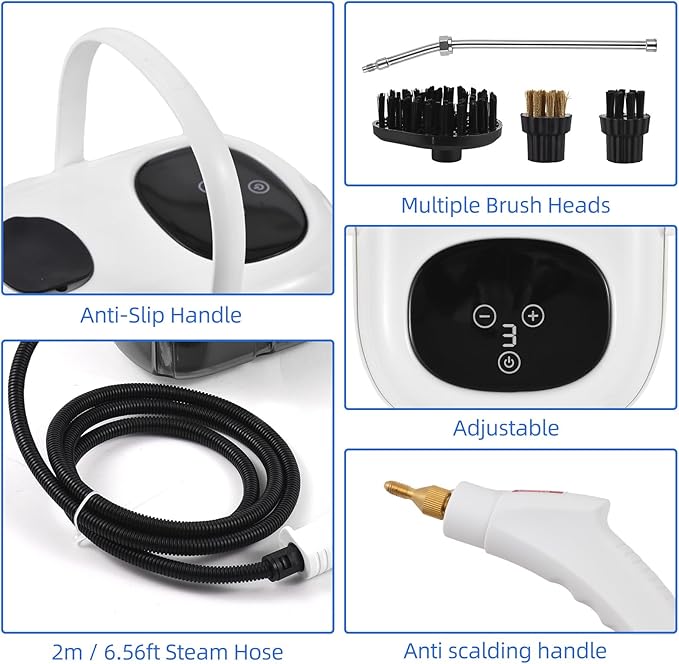 2500W High Pressure Steam Cleaner High Temperature Pressurized Steam Cleaning Machine 1100ml 3 Bar Portable Handheld Steam Cleaners with 3 Brush Heads for Home Use/Car Detailing