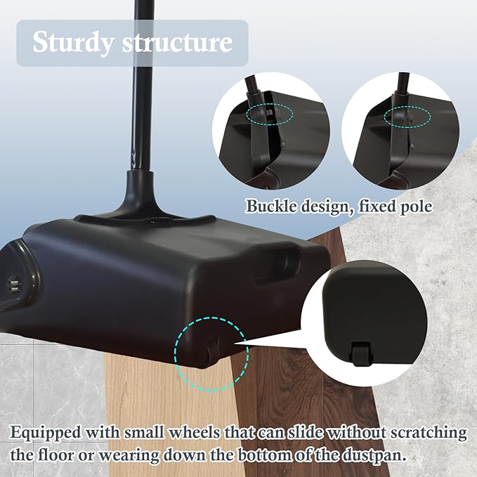 Pivoting Upright Dust Pan with Long Handle and Wheels Large Capacity Heavy Duty Commercial Dustpan for Indoor Outdoor Standing Dust Pan for Home and Restaurant Cleaning Black