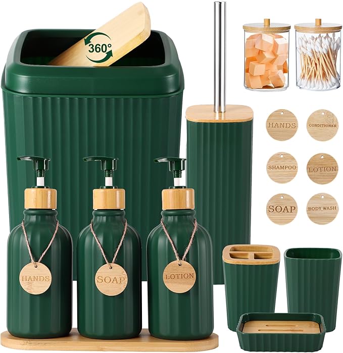 Bathroom Set 17PCS Bathroom Accessories with Trash Can 3PCS Lotion Soap DispenserBathroom Accessories Set Green Bathroom Sets for Bathroom Decor