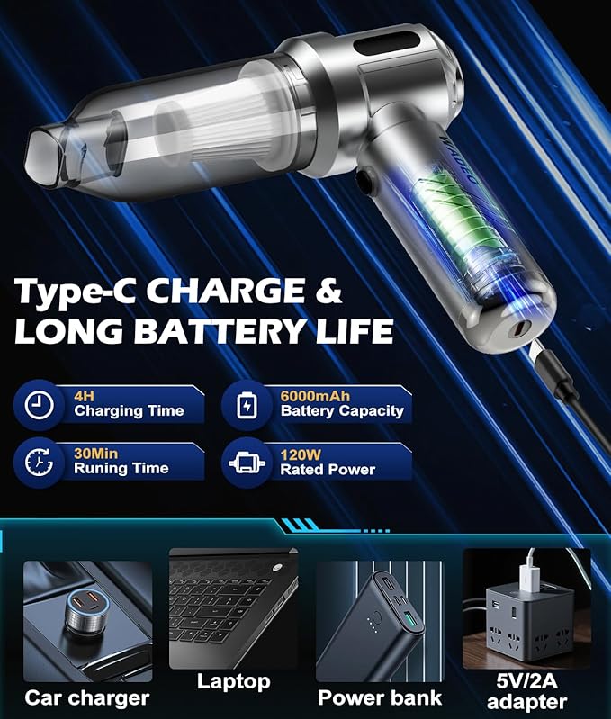 WADEO Car Vacuum Portable Cordless 18000PA 4-in-1 Handheld Vacuum Cleaner and Air Duster with LED Display &amp Multi-Nozzles Mini Hand Held Vacuum Rechargeable for Home Car Office Pet Hair