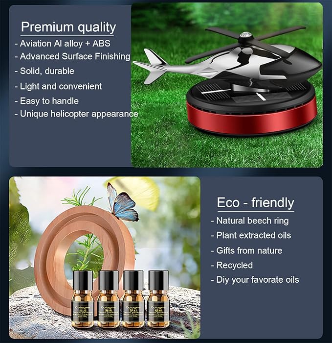 Al Alloy Solar Powered Rotating Helicopter Shape Car air purifier Home and Car Interior Decoration Accessories (Red)