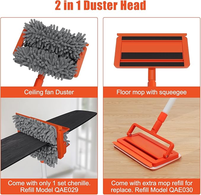 Qaestfy Ceiling Fan Cleaner Duster with 62.5‘’ Extendable Long Handle Ceiling Fan Blade Cleaning Tool Reusable Chenille &amp Microfiber Mop Head for Dusting Ceiling Fan Baseboard Wall Floor