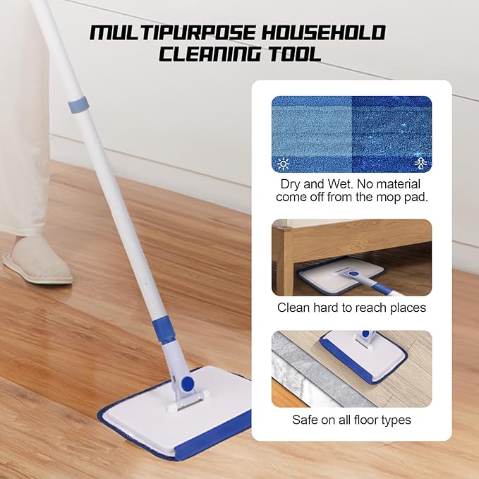 Qaestfy Baseboard Cleaner Tool with Handle Wall Floor Mop with Extendable Long Handle Duster for Cleaning Window Floor Skirting Board Ceiling Shower Tub Tile Kitchen with 6 Reusable Pads
