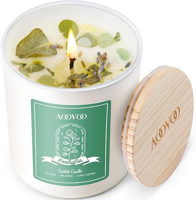 AOOVOO Eucalyptus Mint Scented Candles for Women - Aromatherapy Candle with Crystals Inside 10oz Soy Candles for Home Scented Birthday Gifts Valentines Day Candle for Women Mom