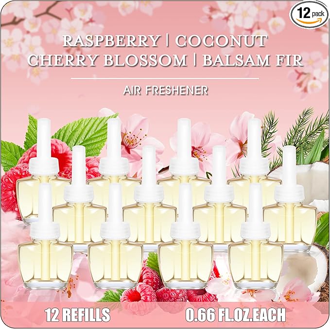 Plug In Air Freshener Refills 12 Pack – Cherry Blossom Raspberry Balsam Fir Coconut Spring &amp Summer Scented Refill for Home &amp Bathroom Compatible with Air Wick &amp Glade Not for Glade