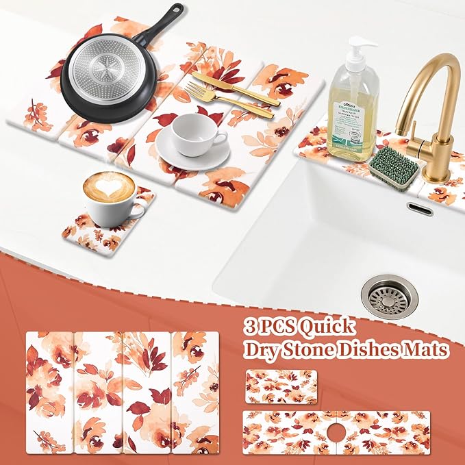 3 PCS Stone Dish Drying Mat for Kitchen Counter Quick Dry Foldable Stone Dishes Mats Water Absorbing Diatomaceous Earth Drying Organizer for Dishes Bottles Cups and Tableware (Orange)