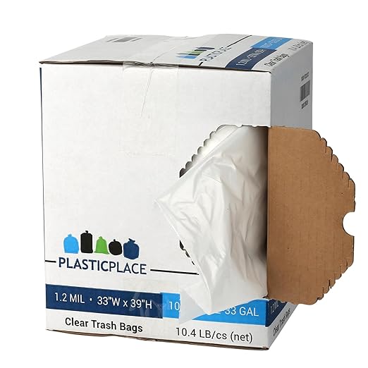 Plasticplace - W33LDC1 33 Gallon Heavy Duty Trash Bags 1.2 Mil Clear 100 Count