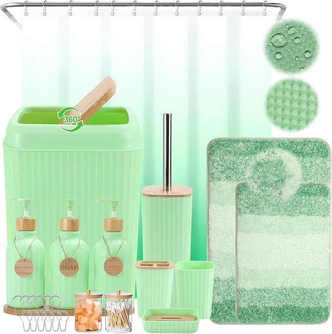 32PCS Green Bathroom Accessories Set with Shower CurtainRugsTrash Can3PCS Lotion Soap Dispenser Toothbrush Holder Soap DishTumbler Cup6PCS Wood Tags Bath Accessories with Tray for Bathroom