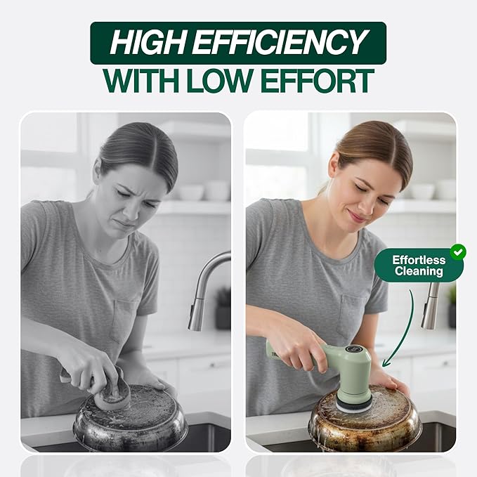 Electric Spin Scrubber – Handheld &amp Ergonomic IPX7 Waterproof 4 Multi-Purpose Brush Heads Long-Lasting Rechargeable Battery – Cleans Dishes Bathroom Tile Grout &amp Kitchen (Sage)