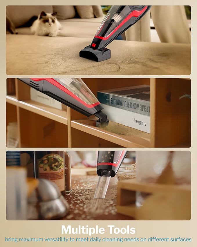 Pet Hair Handheld Vacuum Cordless Car Vacuum Rechargeable with Reusable Filters Motorized Brush and Multi-Accessories for Carpet Couch &amp Stairs Red 17.0X 4.6X 6.6