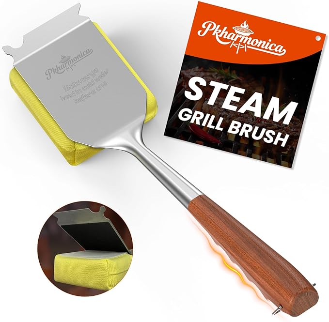 Grill Brush Bristle Free w/Replaceable Yellow Head Enamel Safe 17 Long Handle Grill Cleaner for Outdoor BBQ &amp Griddle MAX Stainless Steel Scraper Corner Reach for Cast Iron Steel