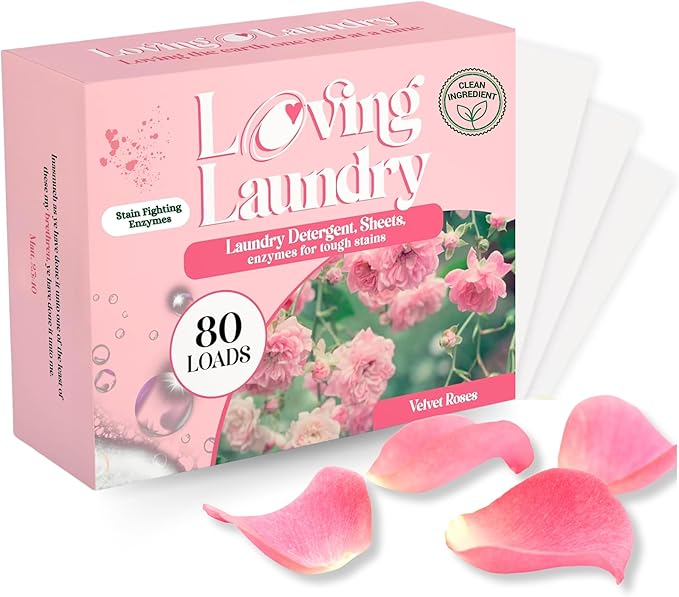 LOVING LAUNDRY- Detergent Sheets Stain Remover Enzymes Laundry Soap - Clean Safe Ingredients Ultra Concentrated -(80 Loads) Velvet Roses Scent