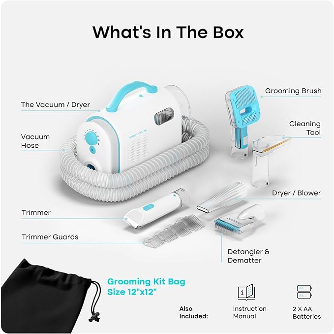 Uproot Clean Pet Groomer Vacuum Kit 7 in 1 - Cat &amp Dog Grooming Kit with Brush Detangle Deshed Trim Clean &amp Dry Attachments - Complete Cat &amp Dog Grooming Vacuum for Shedding Pets
