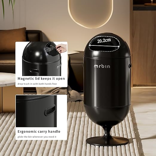 MRBIN Metal Trash Can with Lid 5.3 Gallons / 20L Medium Decorative Waste Basket Round Tall Garbage with High Leg for Bathroom Office Bedroom Kitchen Black