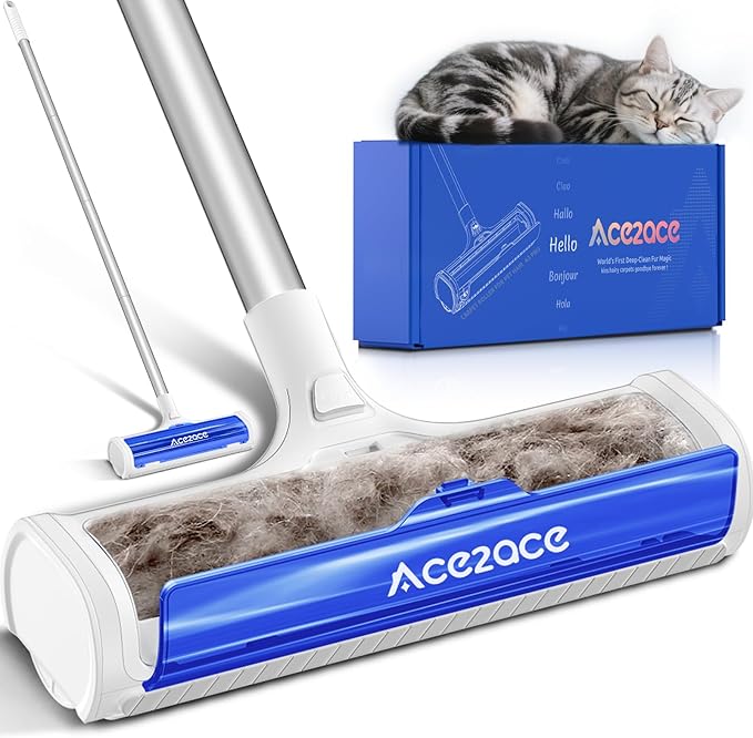 ACE2ACE A3 Pro Carpet Roller for Pet Hair Carpet Pet Hair Removal Tool Reusable Large Lint Rollers 5 Feet Long Handle No Bending No Kneeling Cat Dog Hair Remover for Carpet Rugs Mats Blue