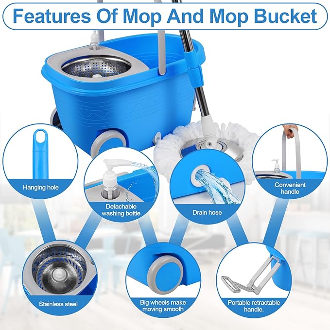 Spin Mop and Bucket with Wringer Set on Wheels 360° Spinning Mop Bucket System with 3 Microfiber Mop Replacement Heads and 61 Stainless Steel Adjustable Handle for Floor Cleaning (25QT)
