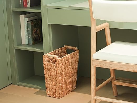 6 Gallon Wicker Trash Can with Wooden HandleWicker Waste Basket for BathroomBedroomLarge Narrow Water Hyacinth Trash BasketRattan Boho Decor Farmhouse Bathroom Trash Can