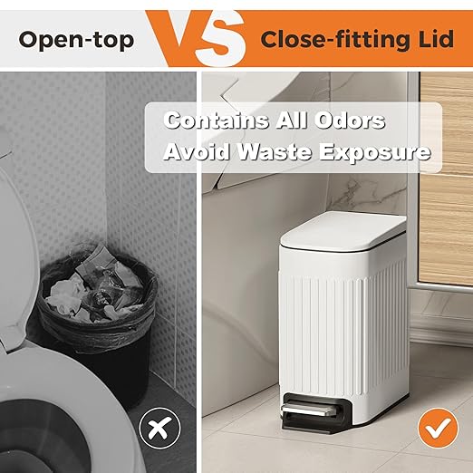 TrashAid Slim Bathroom Trash Can with Lid Soft Close 6 Liter/1.6 Gallon Stainless Steel Small Garbage Can with Removable Inner Bucket Step Pedal Slim Wastebasket for Toilet Office Bedroom White