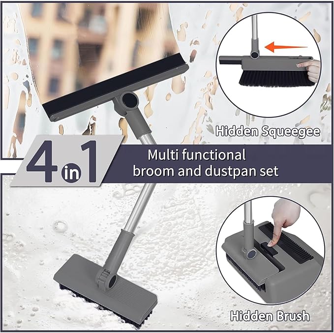 SDSM 4 in 1 Multifunctional Broom and Dustpan Combo Set Heavy Duty Brooms with 52 Long Handle with Squeegee and Cleaning Brush for Clean Home Kitchen Bathroom Office Sweeping indoor Outdoor Floor
