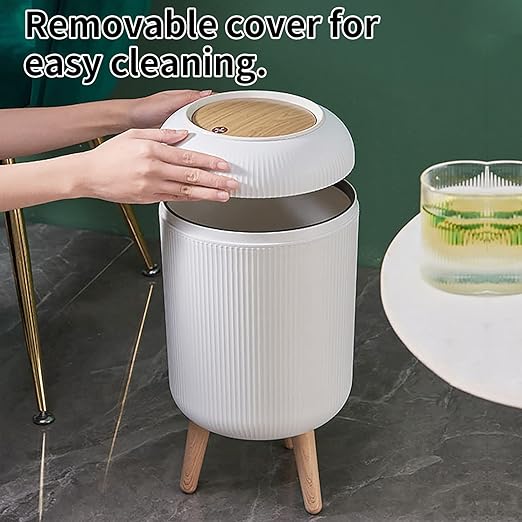 Trash Can With Lid for Bathroom 2 Gallon/10 Liter Round Garbage Bin With Press Top Plastic Modern Wastebasket With Soft Close Container for Bedroom Living Room Office (White)