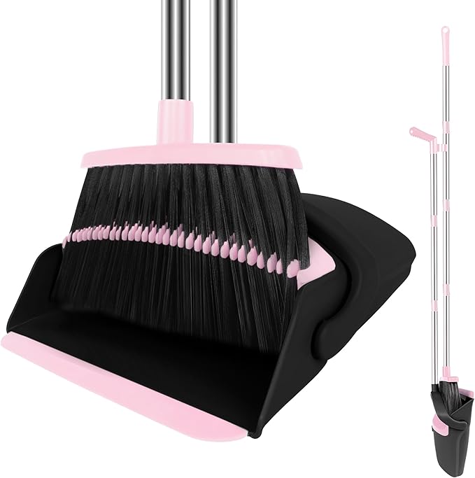 Pink Broom with Dustpan Combo Set 51 Long Handle Household Cleaning Tool Ideal Broom and Dustpan Set for Pet Hair and Home Use