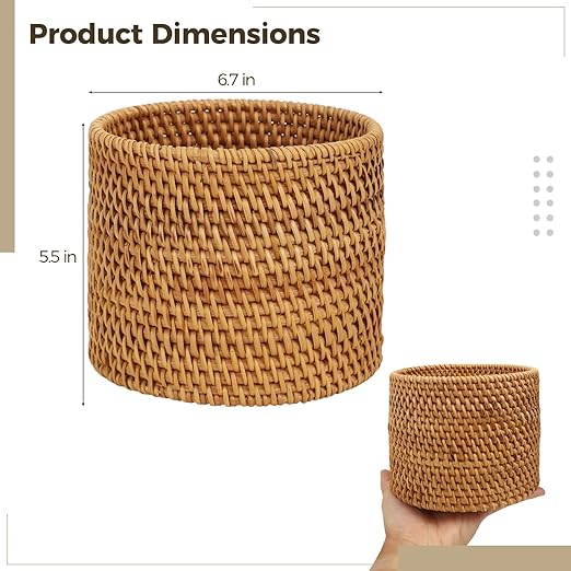 OMISTAR Rattan Trash Can Hand-Woven Small Waste Basket with Open Top Rustic Brown Cylindrical Shape Lightweight Trash Basket for Bathroom Bedroom Office 6.7 x 5.5 x 6.7 in