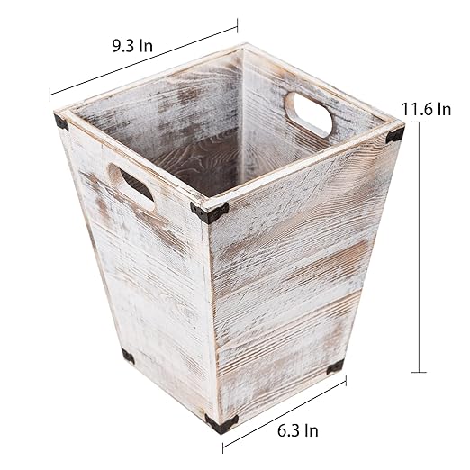 VERGOODR Farmhouse Style Wooden Square Trash Can with Cutout Handles Decorative Metal Wastebaskets for BedroomLiving Room Bathroom &amp OfficeWaste Bin Trash bin