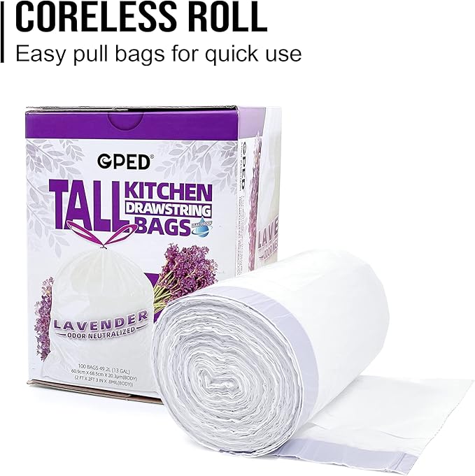 8NET 13 Gallon Kitchen Drawstring Trash liners Bags | 0.8 Mil | 24 x 27 - 100 Count Per Box (Box of 2) | Kitchen Home Office Bedroom Garbage Bags | Lavender Fresh Scent | White