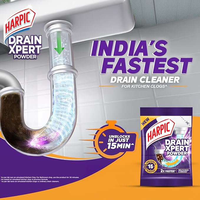 Harpic Drain Xpert Drain Cleaning Powder (50g x 8) | Removes Blockages in Pipes Sinks &amp Septic Tanks| Works within 30 minutes | Melts Grease &amp Dissolves Hair (Pack of 2)