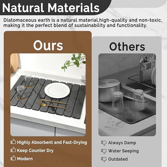 Large Stone Dish Drying Mat for Kitchen Counter Quick Dry Stone Dishes Mats Foldable Water Absorbing Diatomaceous Drying Pad for Countertop Bottles Utensils Cups Bathroom (Dark Gray 24x16)