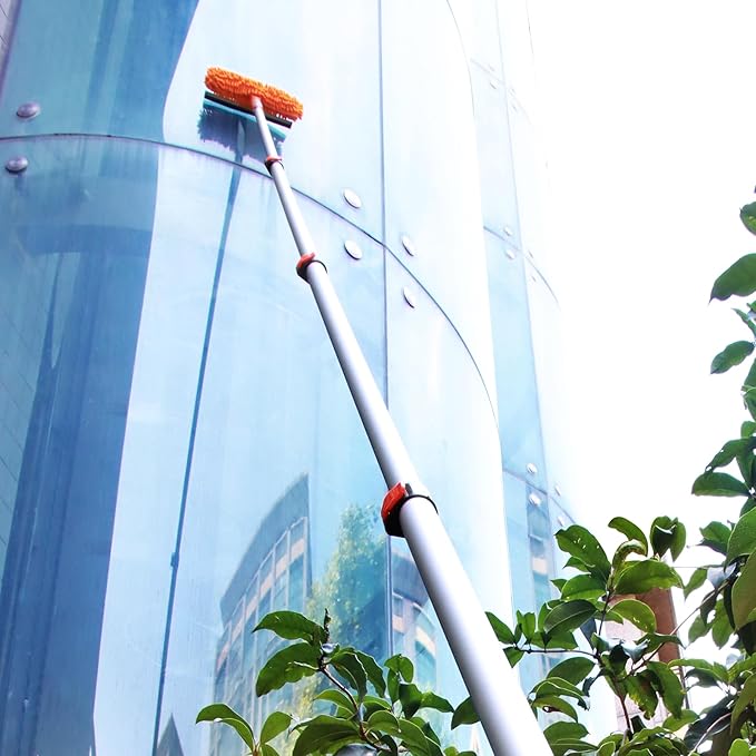23 ft High Reach Window Squeegee &amp Cobweb Duster with Extension Pole 2 in 1 Squeegee for Window Cleaning Spider Web Brush with Lightweight 4-16.5 ft Telescoping Pole for Outdoor Indoor Car Clean