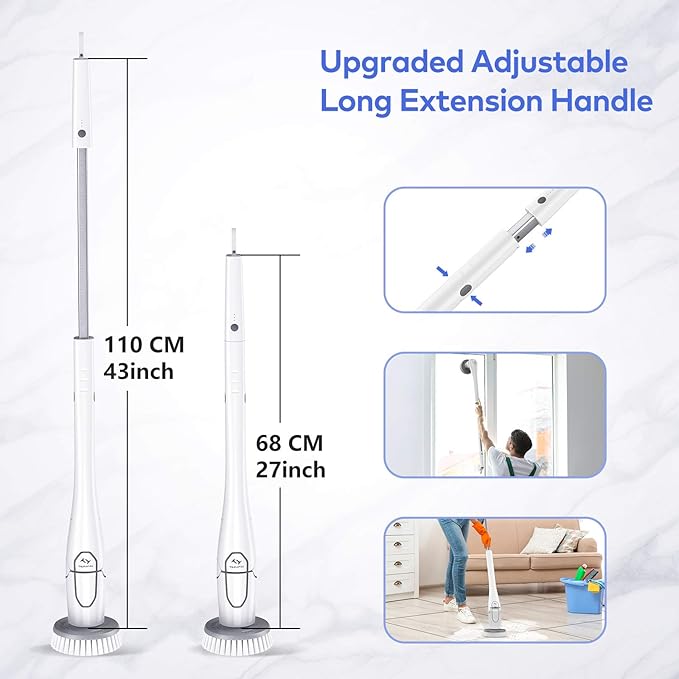 Tilswall Cordless Electric Spin Scrubber - IPX7 Waterproof Cleaning Brush with 180Min Runtime &amp 43 Extendable Handle Ideal Gift for Home/Bathroom/Car (Includes 4 Brush Heads)