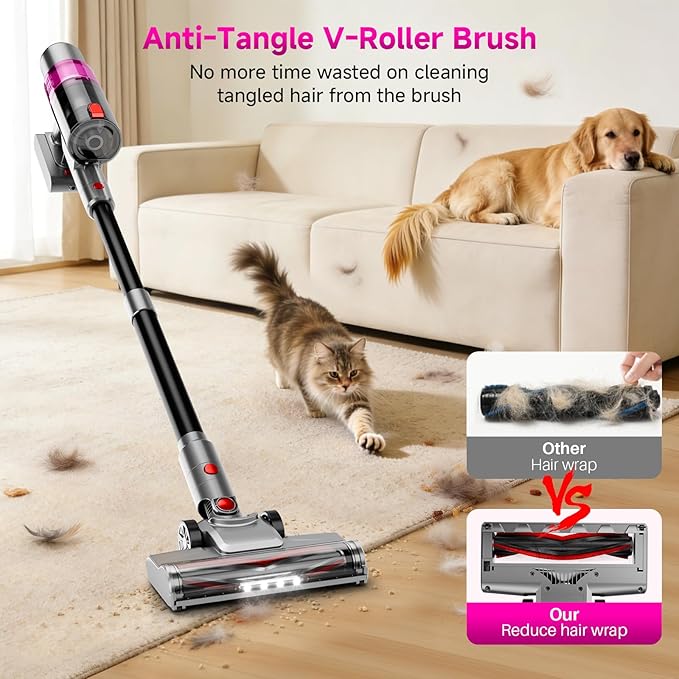 Cordless Vacuum Cleaner: Portable 6-in-1 Stick Vacuum with Anti-Tangle Brush LED Headlight Self-Standing HD Display Rechargeable Vacuum for Pet Hair Low-Pile Carpet and Hardwood Floor-Purple