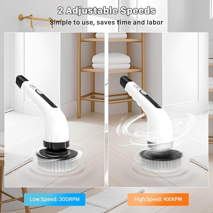 Electric Spin Scrubber Cordless Cleaning Brush Shower Scrubber with 7 Replaceable Brush 2 Speeds and Adjustable Extension Handle for Bathroom Shower Bathtub Glass Car(White)