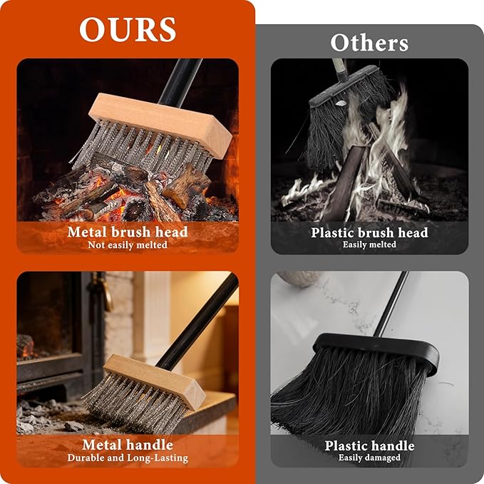 Fireplace Brush 43.3-Inch Heavy Duty Long Handle Metal Fireplace Brush Broom with Heat-Resistant Iron Bristles