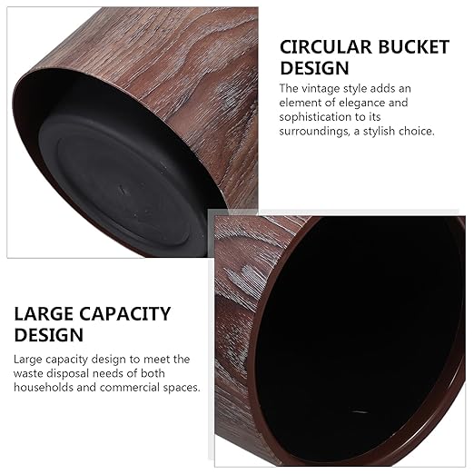 Imitation Wood Grain Trash Can Lidless Wastebasket for Bathroom Bedroom Office Kitchen Smooth Interior Easy to Clean Rustic Decorative Rubbish Bin for Home and Utility Rooms